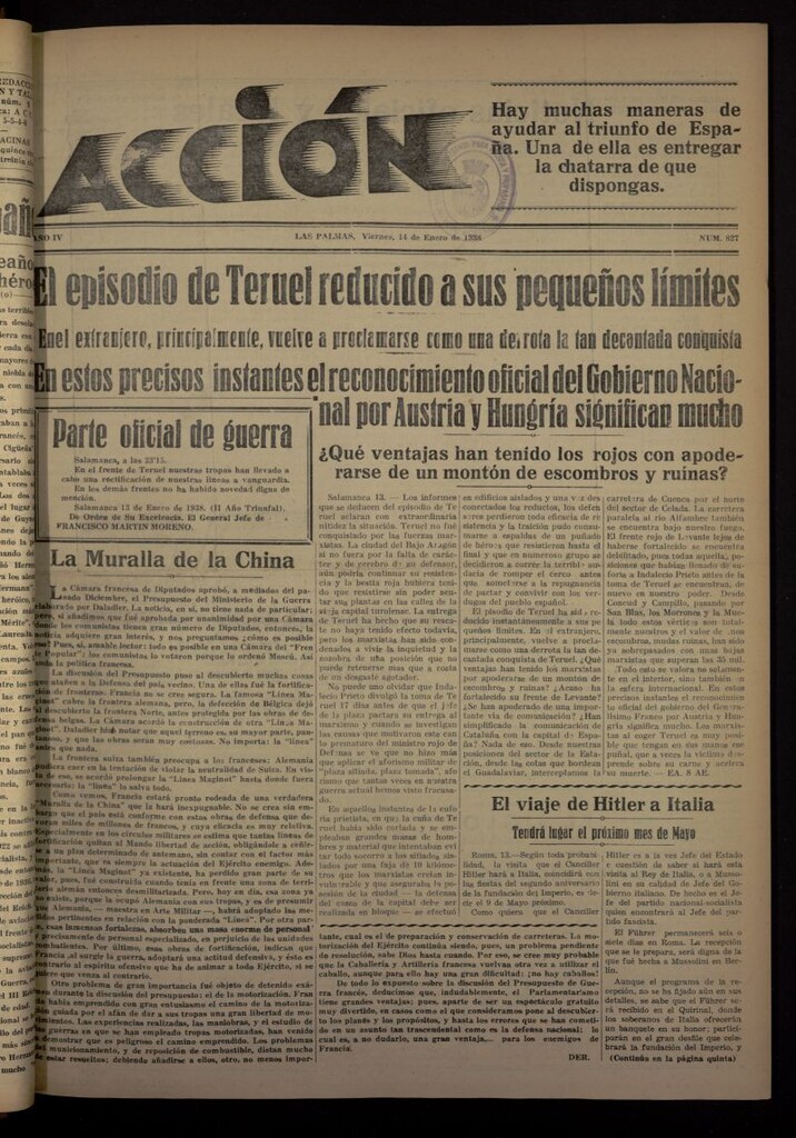Miniatura de Acción (Las Palmas de Gran Canaria) del 14 de enero de 1938, nº 827
