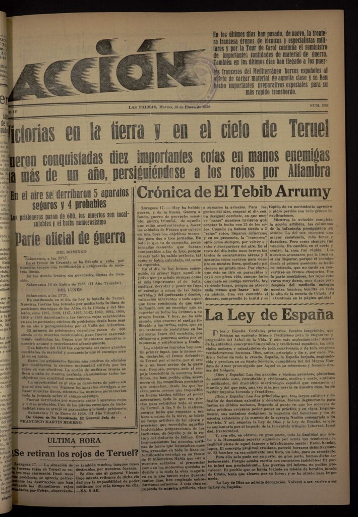 Miniatura de Acción (Las Palmas de Gran Canaria) del 18 de enero de 1938, nº 830
