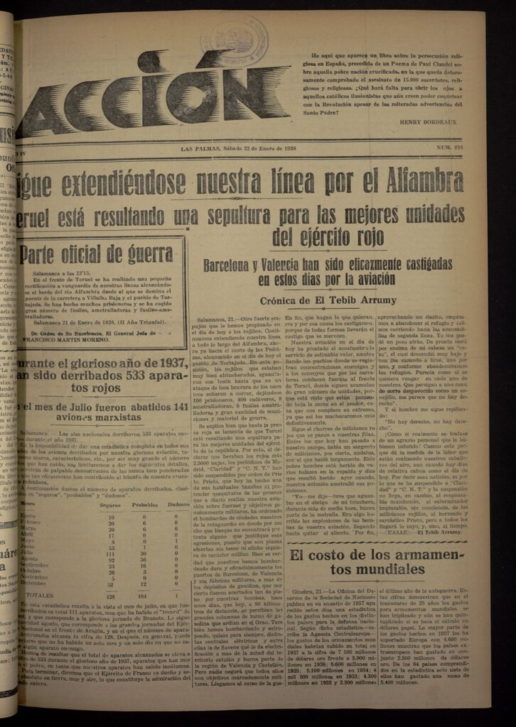 Miniatura de Acción (Las Palmas de Gran Canaria) del 22 de enero de 1938, nº 834