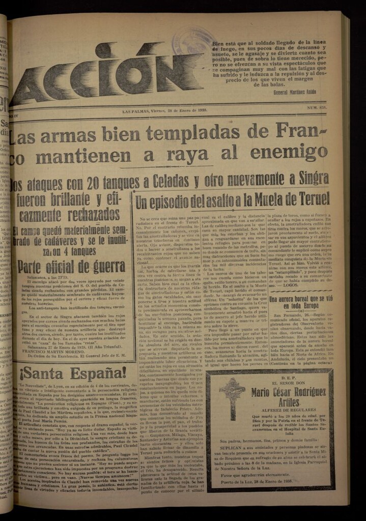 Miniatura de Acción (Las Palmas de Gran Canaria) del 28 de enero de 1938, nº 838 [sic]
