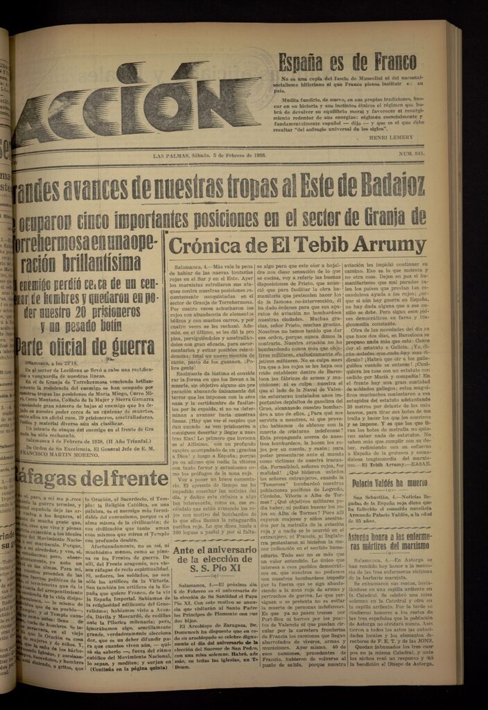 Miniatura de Acción (Las Palmas de Gran Canaria) del 5 de febrero de 1938, nº 845