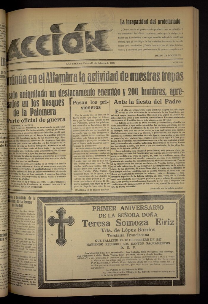 Miniatura de Acción (Las Palmas de Gran Canaria) del 11 de febrero de 1938, nº 850
