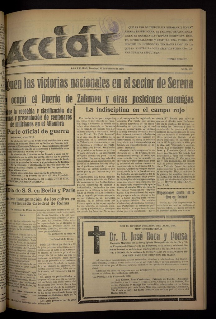 Miniatura de Acción (Las Palmas de Gran Canaria) del 13 de febrero de 1938, nº 852