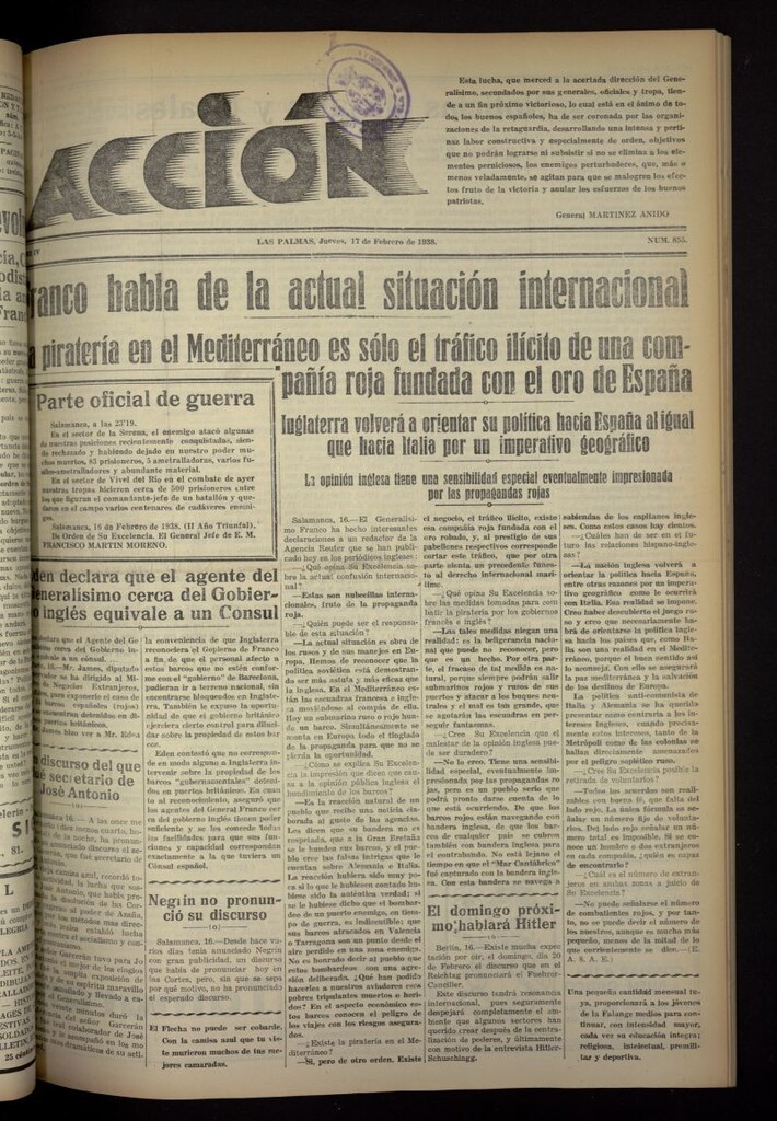 Miniatura de Acción (Las Palmas de Gran Canaria) del 17 de febrero de 1938, nº 855