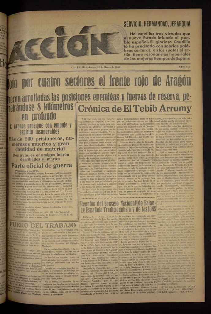 Miniatura de Acción (Las Palmas de Gran Canaria) del 10 de marzo de 1938, nº 873