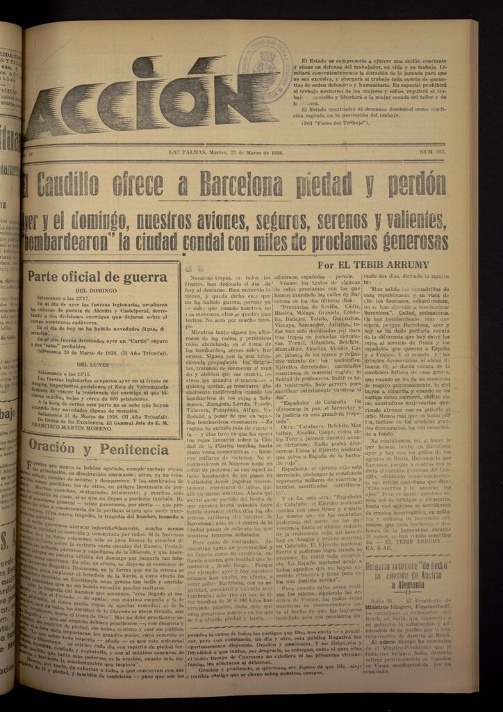 Miniatura de Acción (Las Palmas de Gran Canaria) del 22 de marzo de 1938, nº 883
