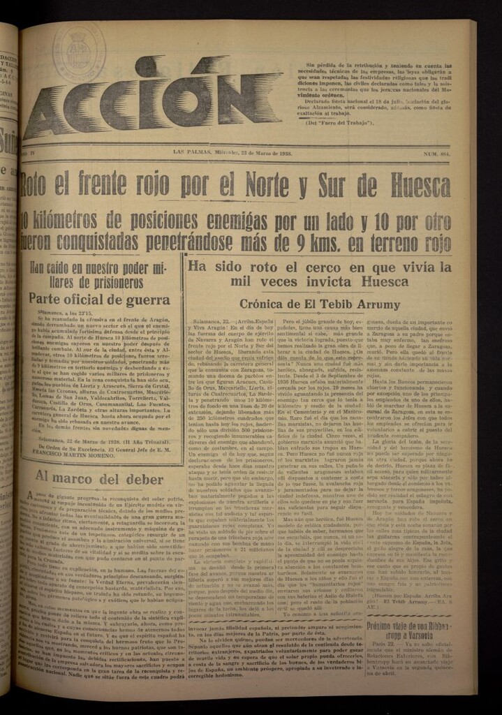 Miniatura de Acción (Las Palmas de Gran Canaria) del 23 de marzo de 1938, nº 884