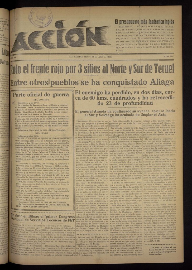 Miniatura de Acción (Las Palmas de Gran Canaria) del 26 de abril de 1938, nº 911