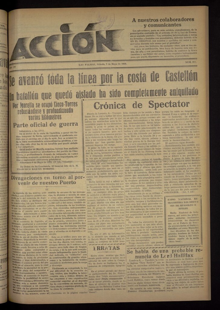 Miniatura de Acción (Las Palmas de Gran Canaria) del 7 de mayo de 1938, nº 921