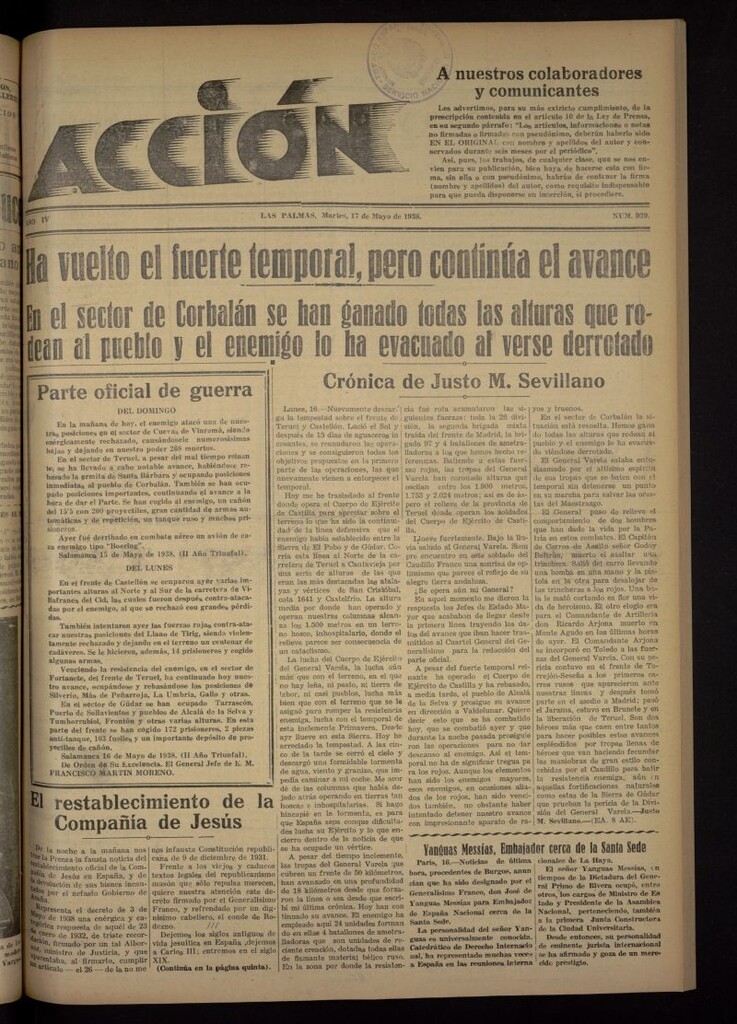 Miniatura de Acción (Las Palmas de Gran Canaria) del 17 de mayo de 1938, nº 929