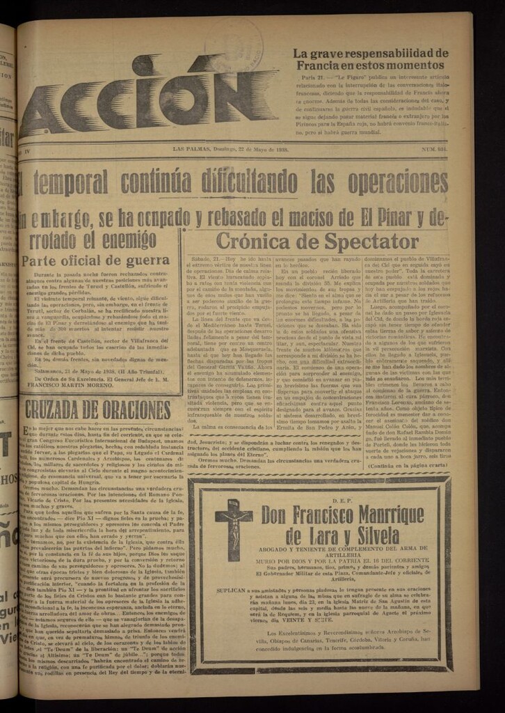 Miniatura de Acción (Las Palmas de Gran Canaria) del 22 de mayo de 1938, nº 934