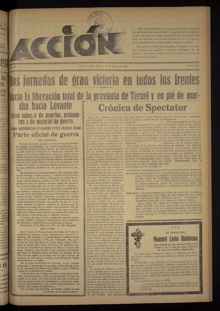 Miniatura de Acción (Las Palmas de Gran Canaria) del 31 de mayo de 1938, nº 941