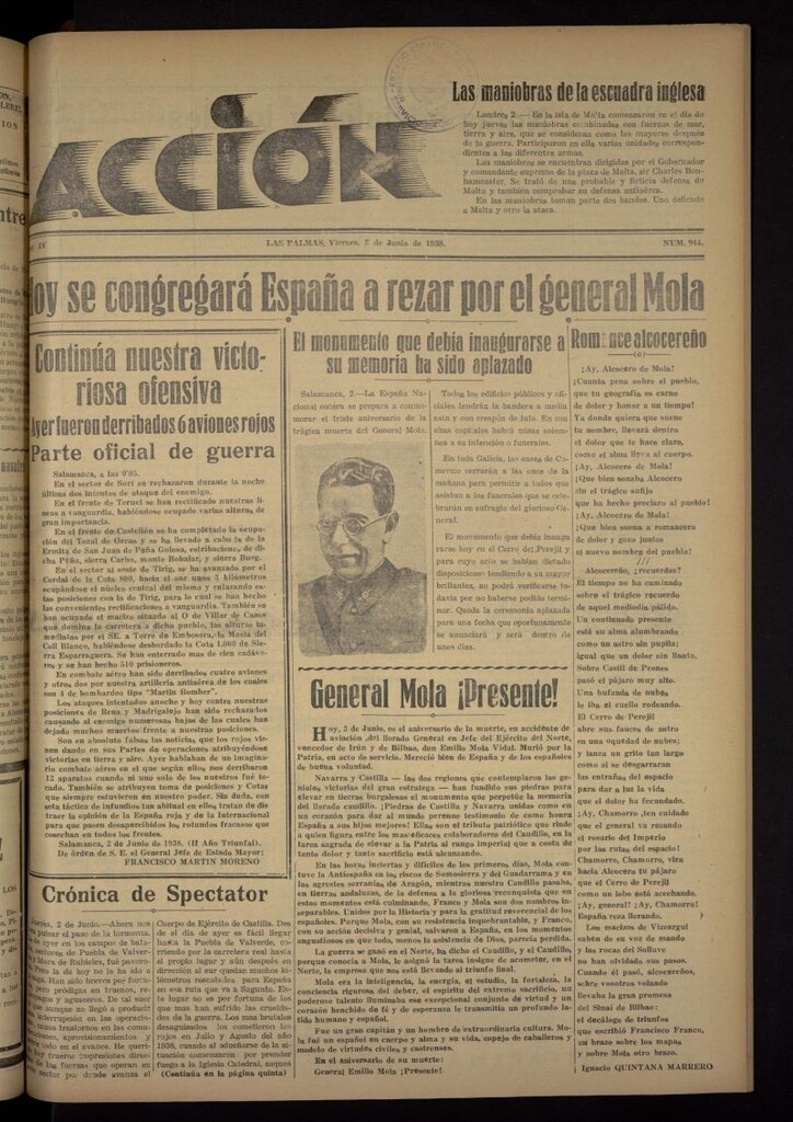 Miniatura de Acción (Las Palmas de Gran Canaria) del 3 de junio de 1938, nº 944
