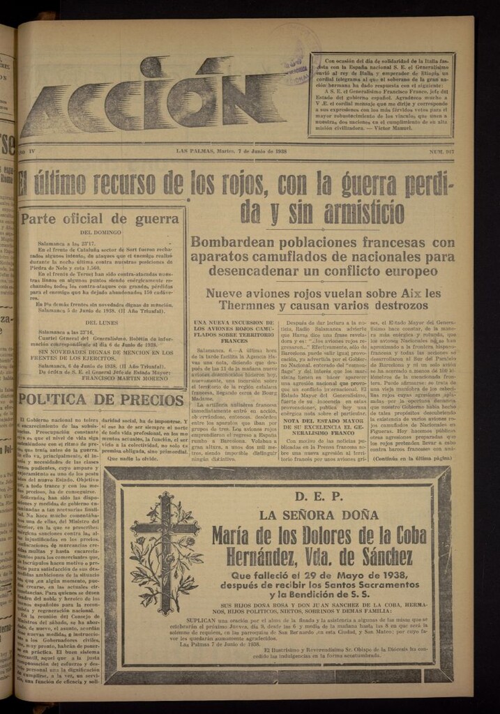 Miniatura de Acción (Las Palmas de Gran Canaria) del 7 de junio de 1938, nº 947