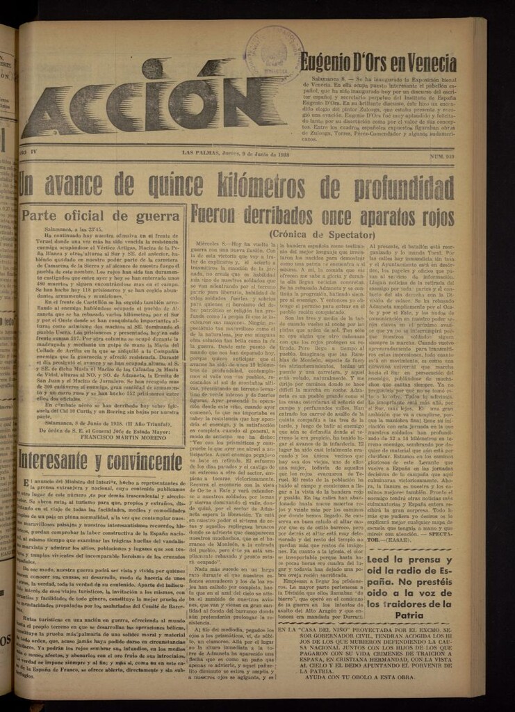 Miniatura de Acción (Las Palmas de Gran Canaria) del 9 de junio de 1938, nº 949