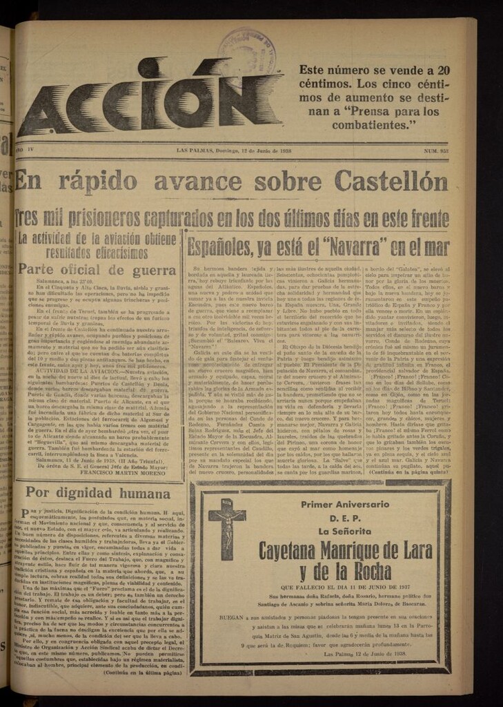 Miniatura de Acción (Las Palmas de Gran Canaria) del 12 de junio de 1938, nº 952