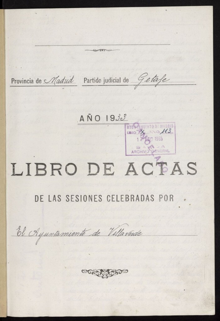 Miniatura de Libro de Actas del Ayuntamiento de Villaverde correspondientes a los años 1933-1934