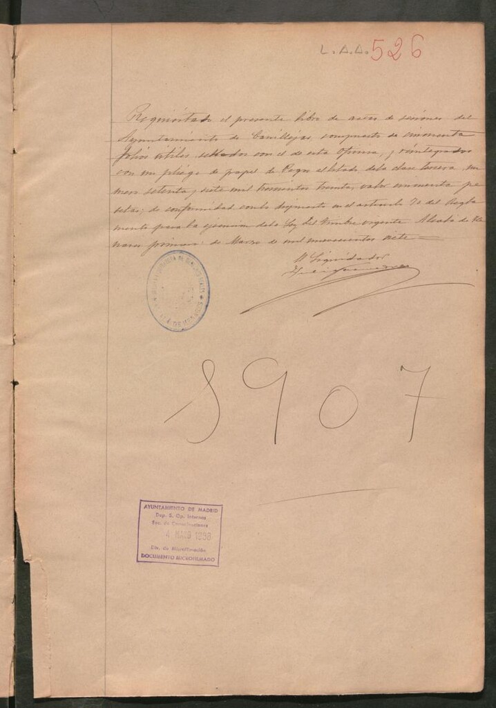Miniatura de Actas y acuerdos del ayuntamiento de Canillejas de 1907. Libro 526.