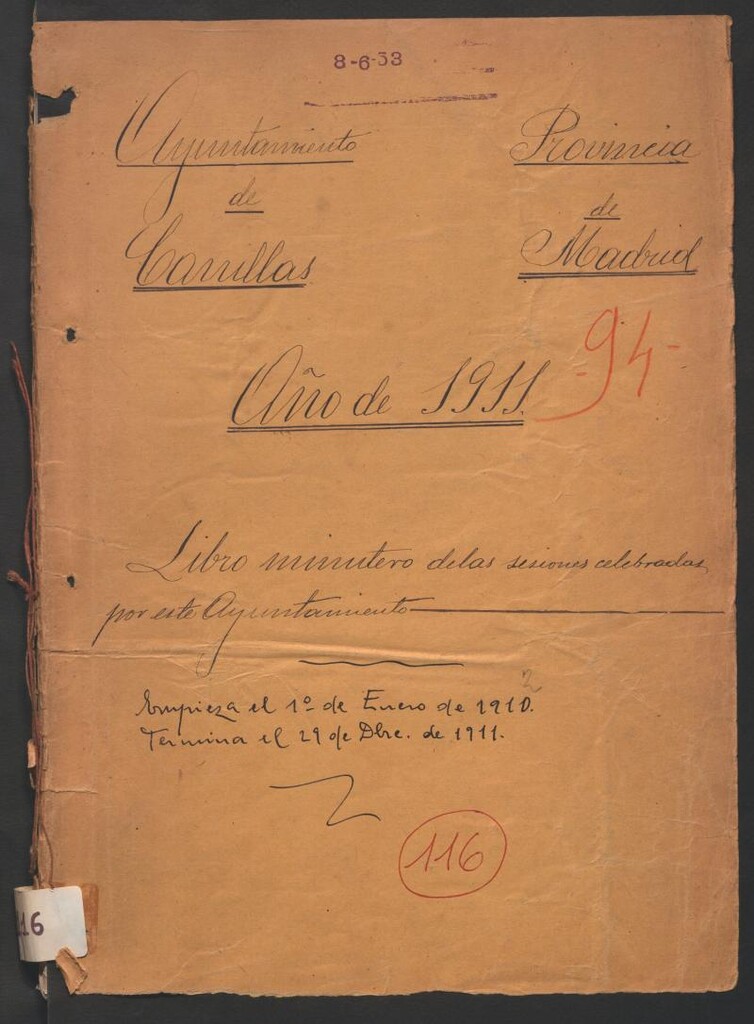 Miniatura de Actas y acuerdos del ayuntamiento de Canillas de 1910-1911. Libro 116.