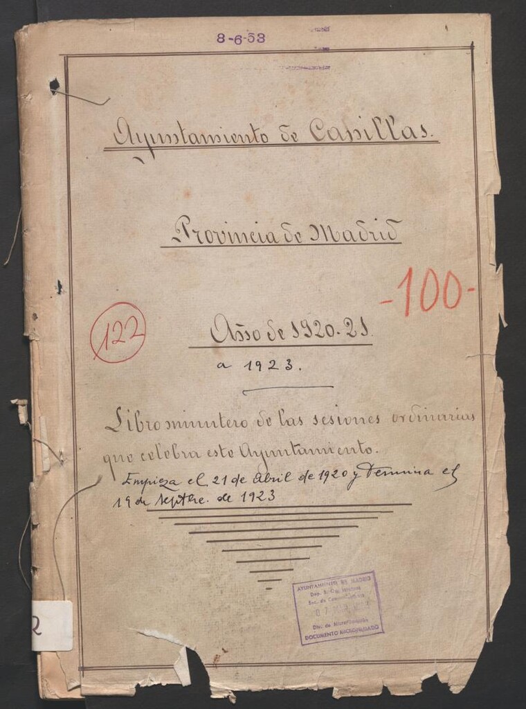 Miniatura de Actas y acuerdos del ayuntamiento de Canillas de 1920-1923. Libro 122.