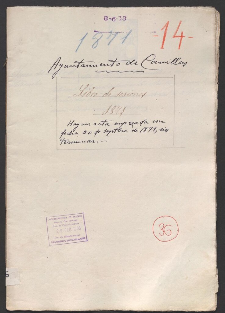Miniatura de Actas y acuerdos del ayuntamiento de Canillas de 1871. Libro 36.