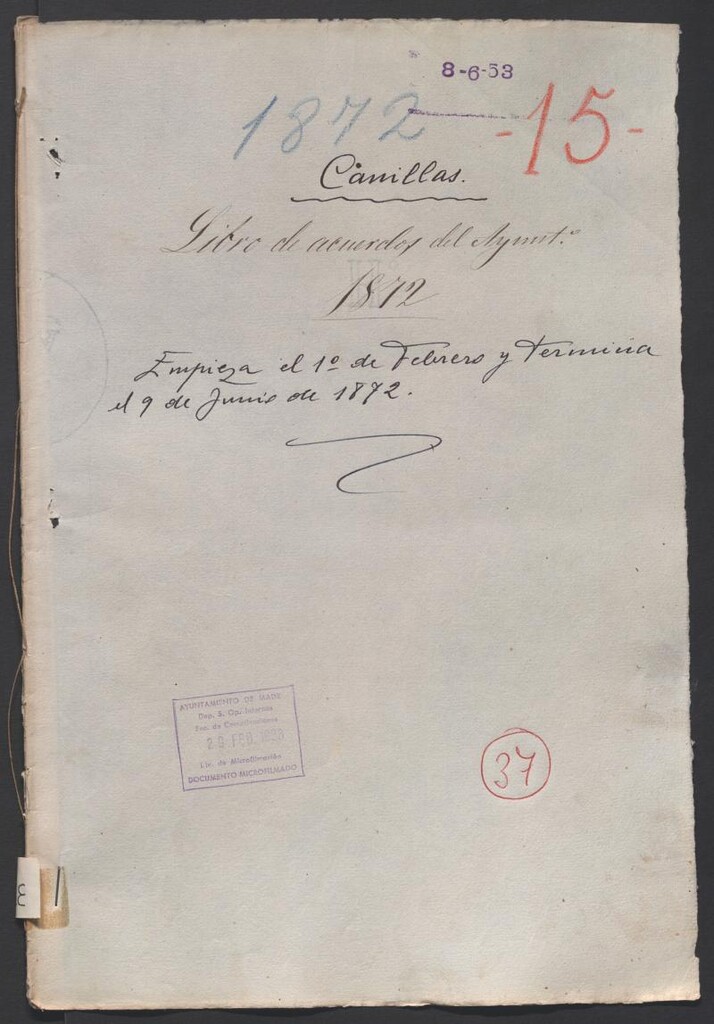 Miniatura de Actas y acuerdos del ayuntamiento de Canillas de 1872. Libro 37.