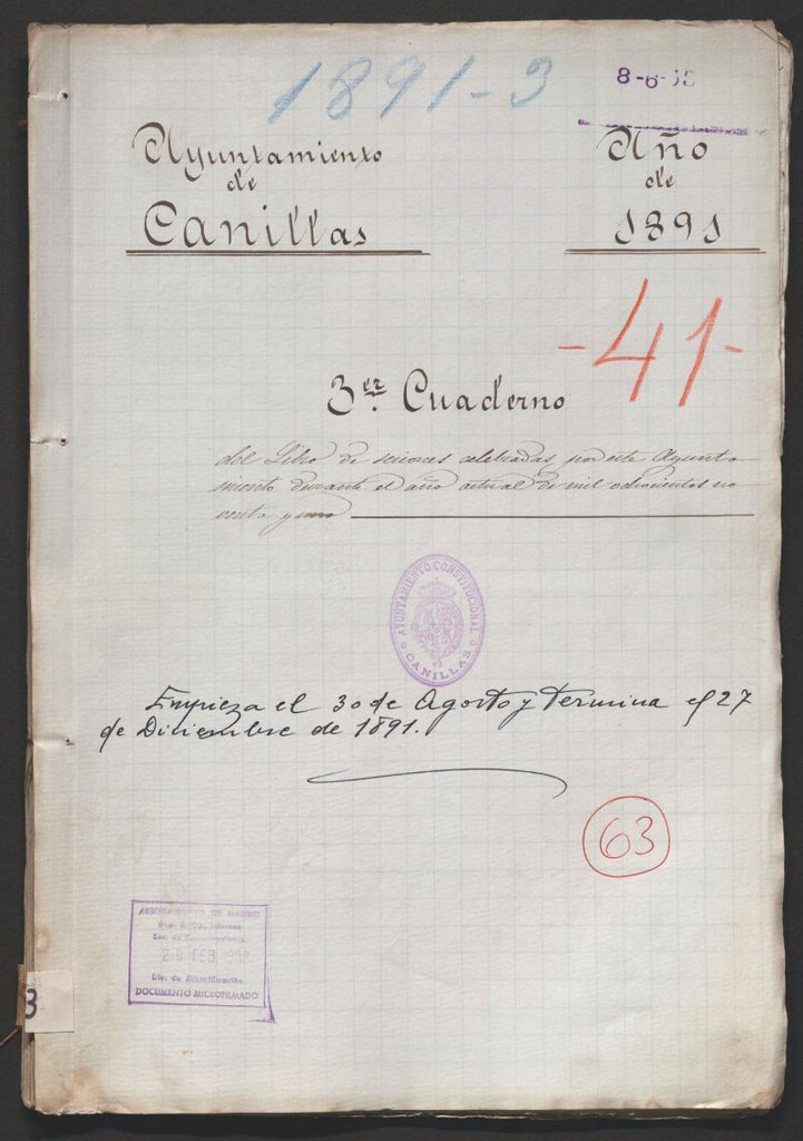 Miniatura de Actas y acuerdos del ayuntamiento de Canillas de 1891. Libro 63.