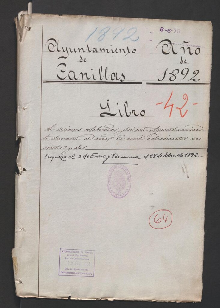 Miniatura de Actas y acuerdos del ayuntamiento de Canillas de 1892. Libro 64.