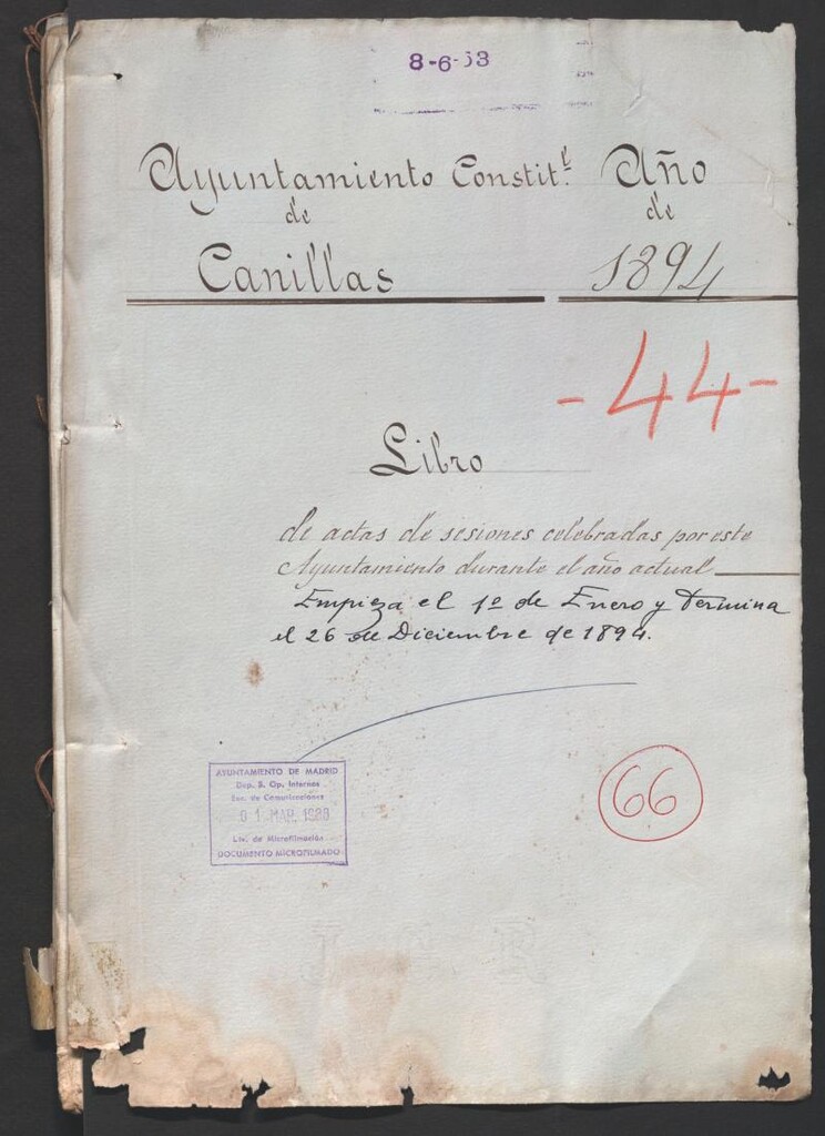 Miniatura de Actas y acuerdos del ayuntamiento de Canillas de 1894. Libro 66.