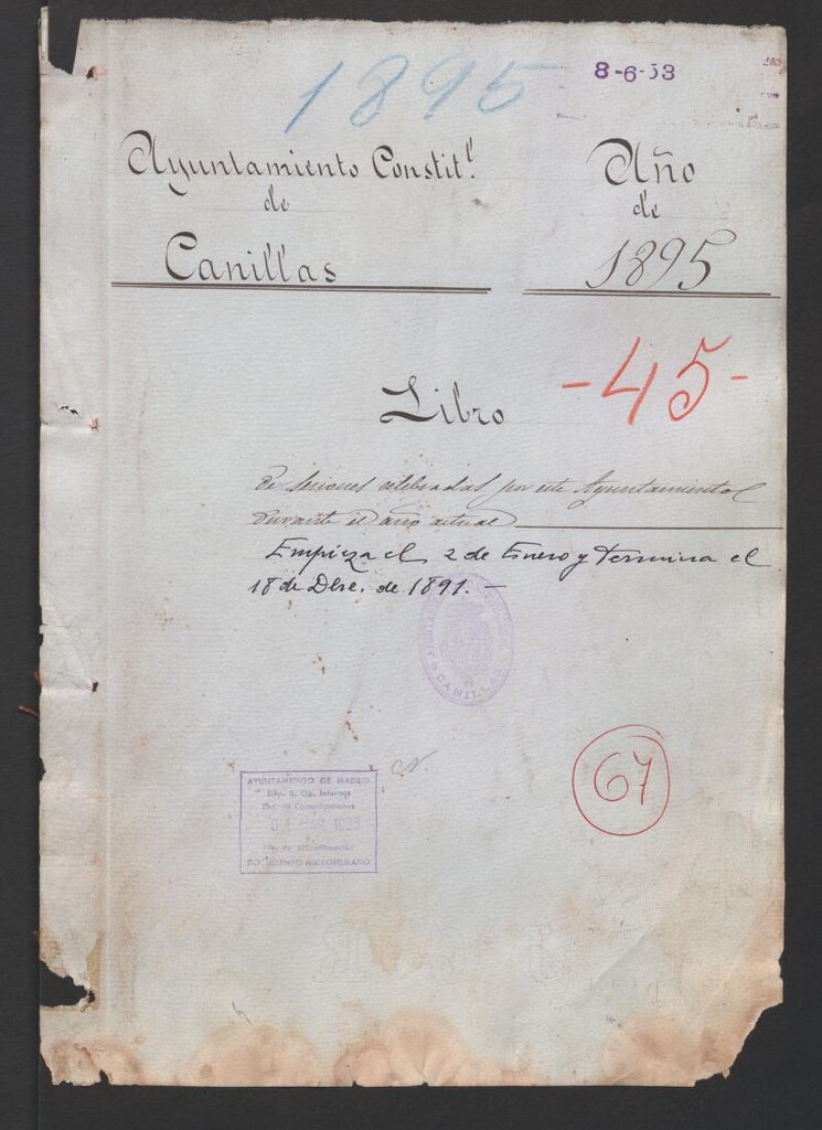 Miniatura de Actas y acuerdos del ayuntamiento de Canillas de 1895. Libro 67.