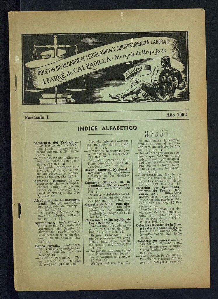 Miniatura de Boletín Divulgador de Legislación y Jurisprudencia Laboral del año 1952, fascículo I