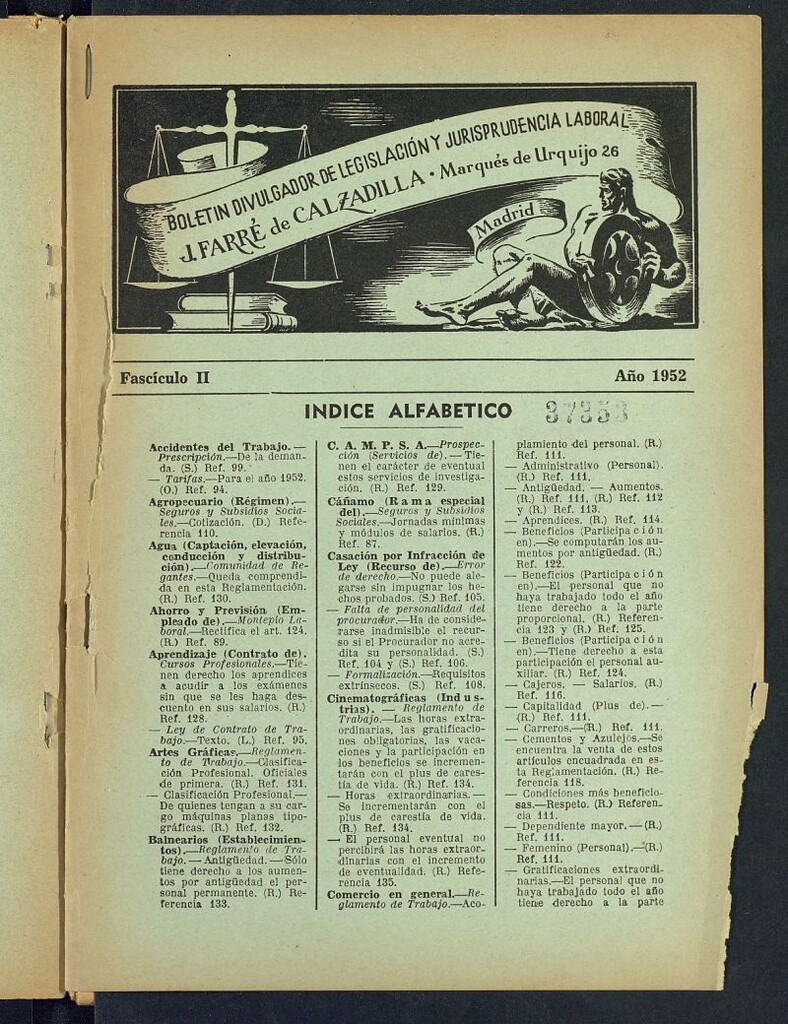 Miniatura de Boletín Divulgador de Legislación y Jurisprudencia Laboral del año 1952, fascículo II