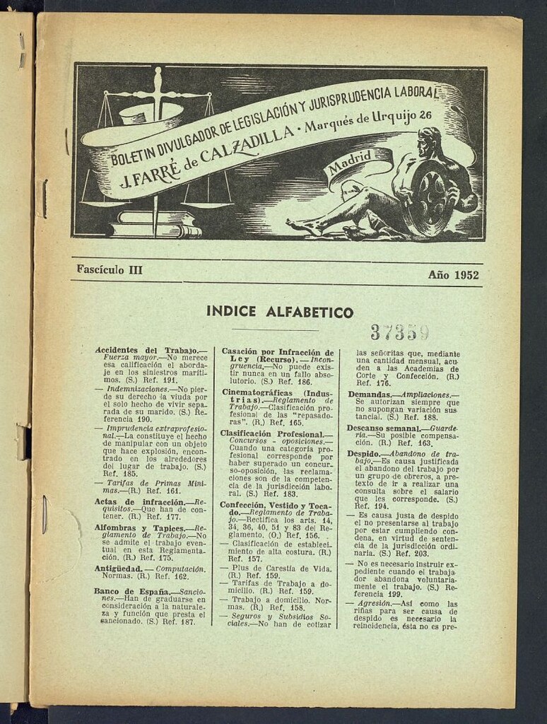 Miniatura de Boletín Divulgador de Legislación y Jurisprudencia Laboral del año 1952, fascículo III