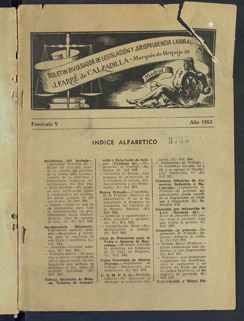 Miniatura de Boletín Divulgador de Legislación y Jurisprudencia Laboral del año 1952, fascículo V