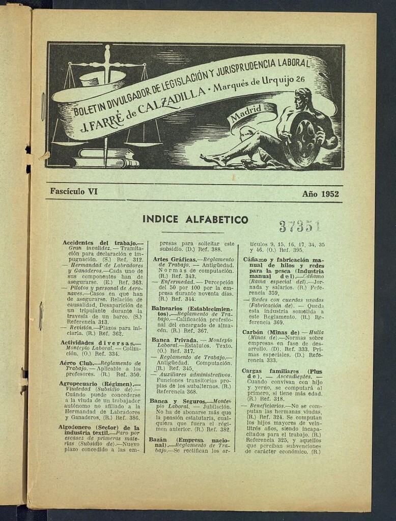 Miniatura de Boletín Divulgador de Legislación y Jurisprudencia Laboral del año 1952, fascículo VI