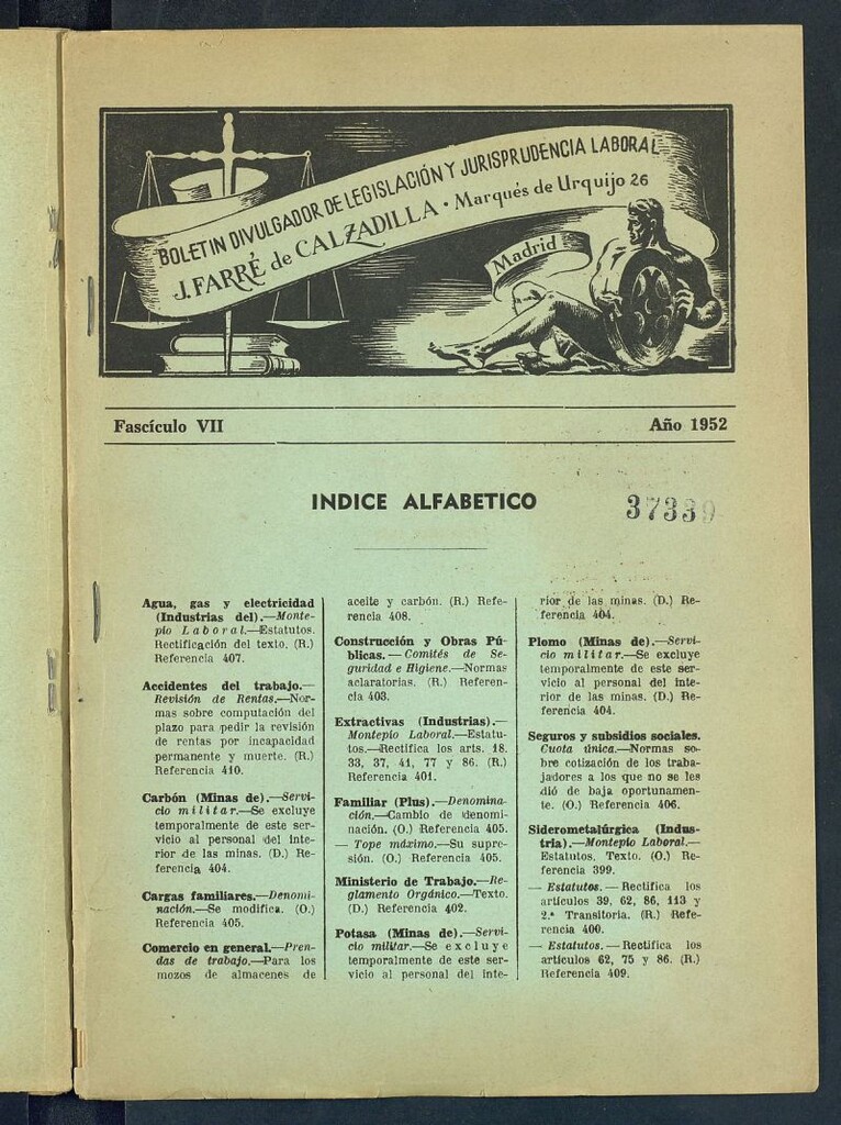 Miniatura de Boletín Divulgador de Legislación y Jurisprudencia Laboral del año 1952, fascículo VII