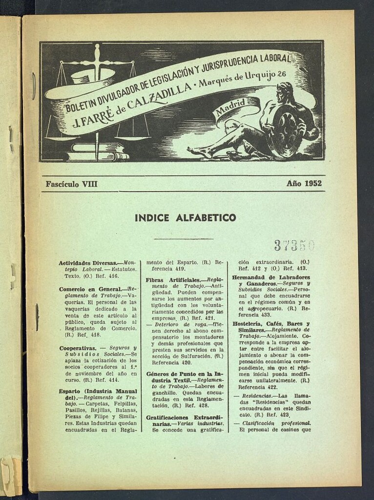 Miniatura de Boletín Divulgador de Legislación y Jurisprudencia Laboral del año 1952, fascículo VIII