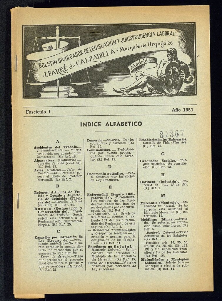 Miniatura de Boletín Divulgador de Legislación y Jurisprudencia Laboral del año 1951, fascículo I