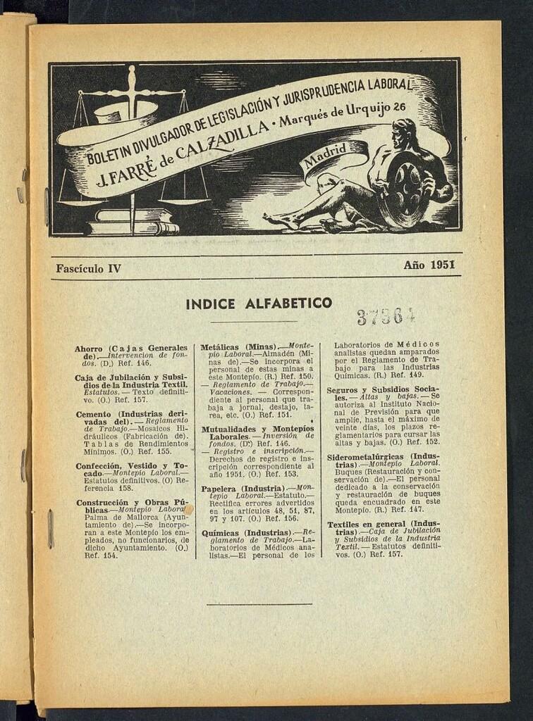 Miniatura de Boletín Divulgador de Legislación y Jurisprudencia Laboral del año 1951, fascículo IV