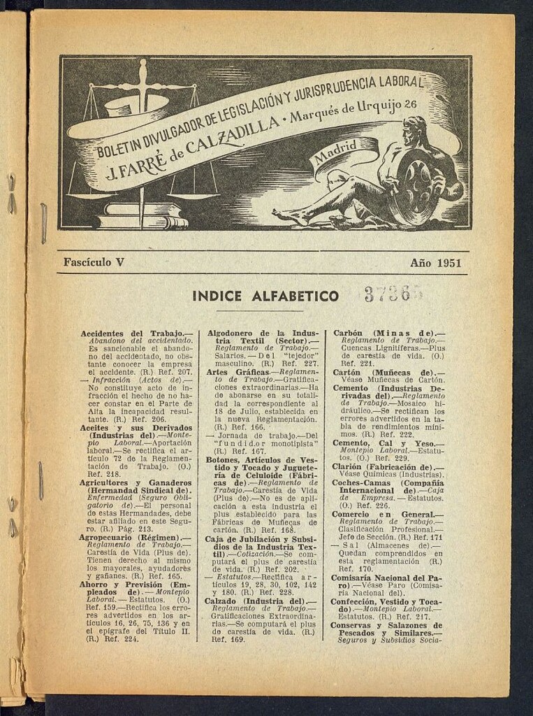 Miniatura de Boletín Divulgador de Legislación y Jurisprudencia Laboral del año 1951, fascículo V