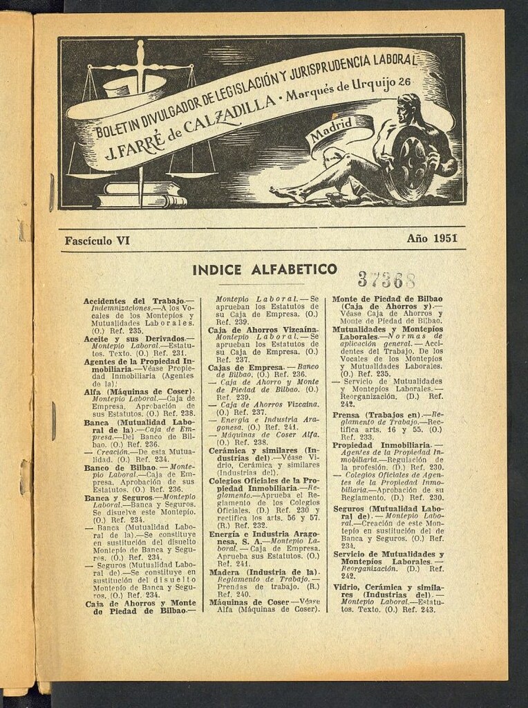 Miniatura de Boletín Divulgador de Legislación y Jurisprudencia Laboral del año 1951, fascículo VI