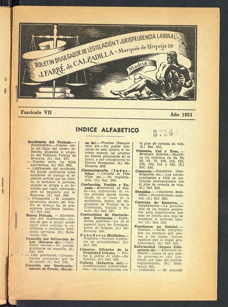 Miniatura de Boletín Divulgador de Legislación y Jurisprudencia Laboral del año 1951, fascículo VII