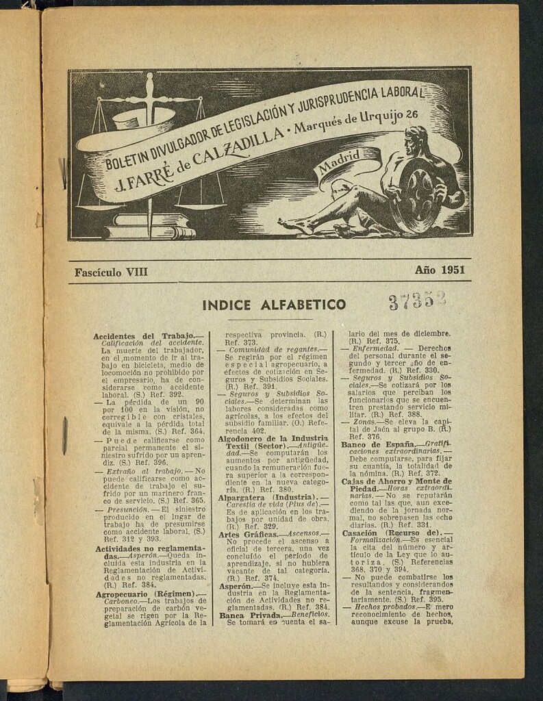 Miniatura de Boletín Divulgador de Legislación y Jurisprudencia Laboral del año 1951, fascículo VIII