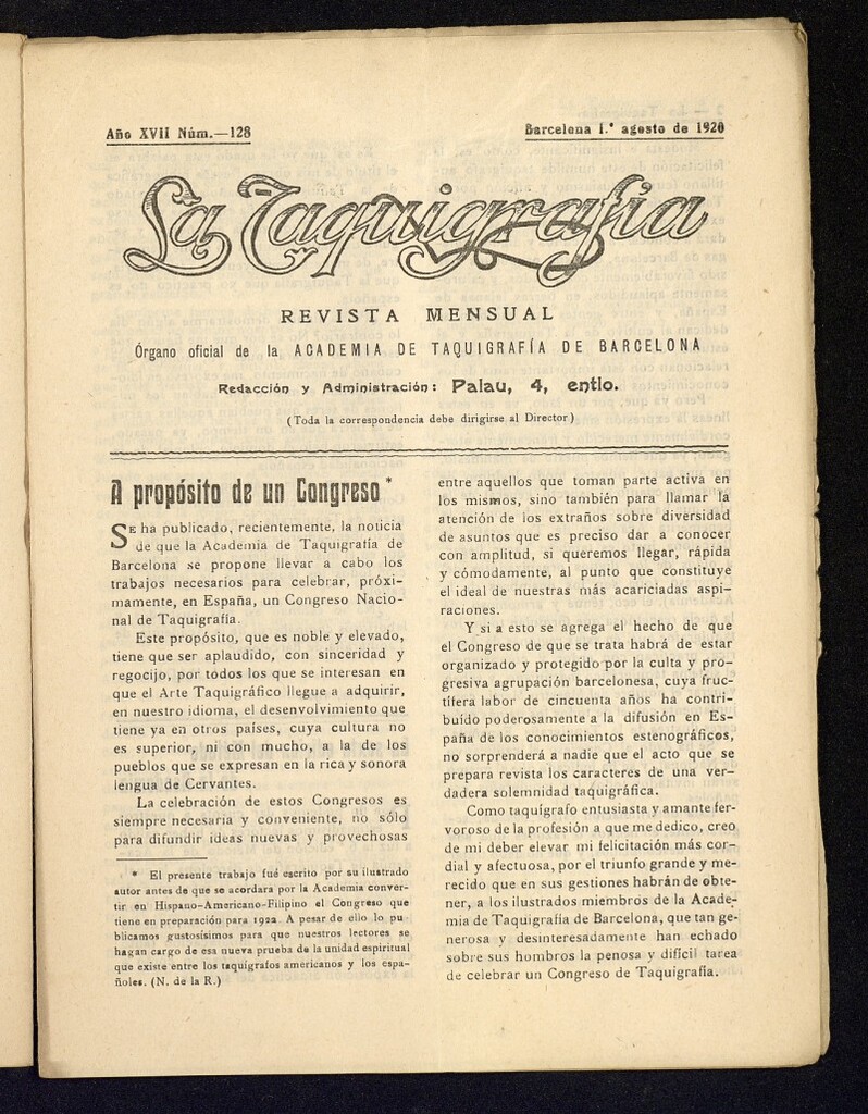 Miniatura de La Taquigrafía. Agosto de 1920, nº 128