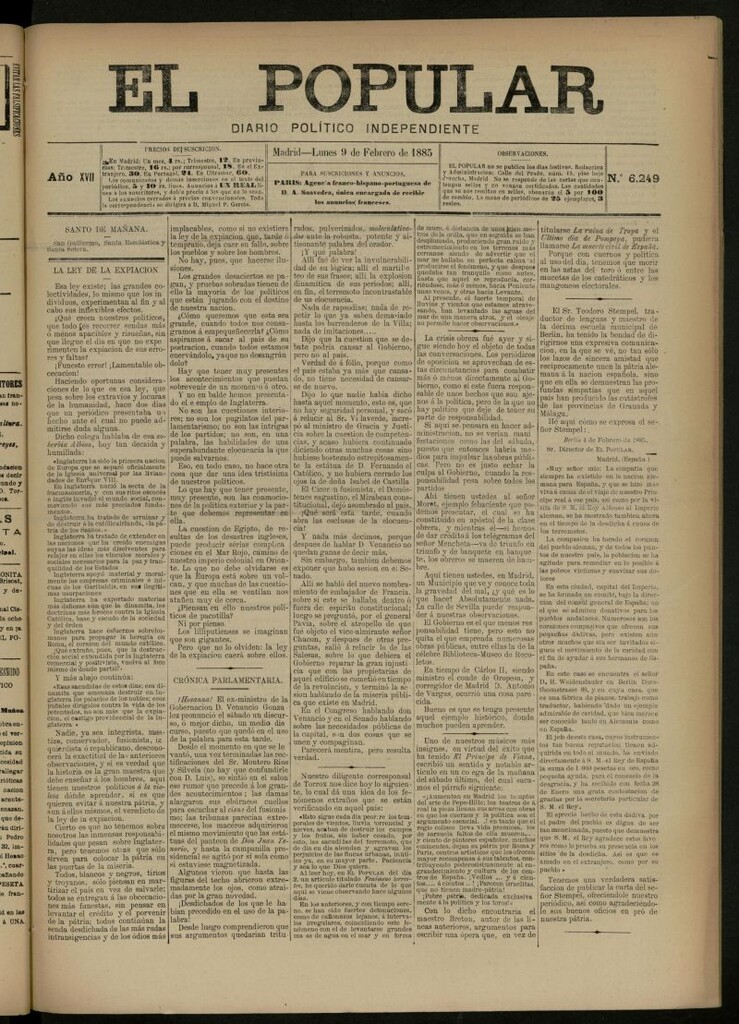 Miniatura de El Popular: diario independiente, político, literario y de noticias de interés general del 9 de febrero de 1885, nº 6249