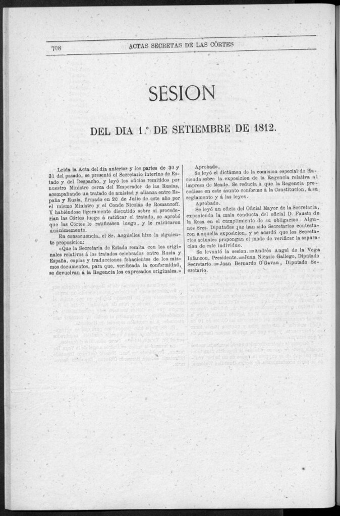 Miniatura de Actas de las Sesiones Secretas de las Cortes Generales Extraordinarias de la nación Española... (del 1 al 30 de septiembre de 1812)