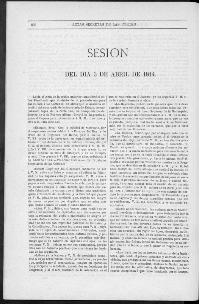 Miniatura de Actas de las Sesiones Secretas de las Cortes Generales Extraordinarias de la nación Española... (del 3 al 30 de abril de 1814)