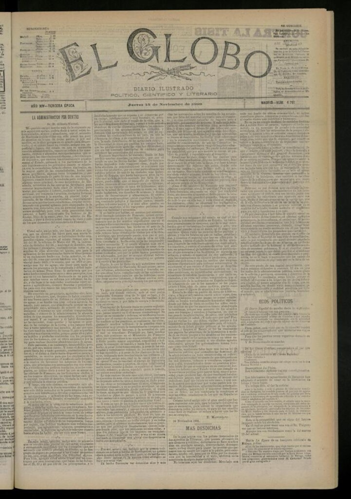 Miniatura de El Globo : diario ilustrado del 15 de noviembre de 1888
