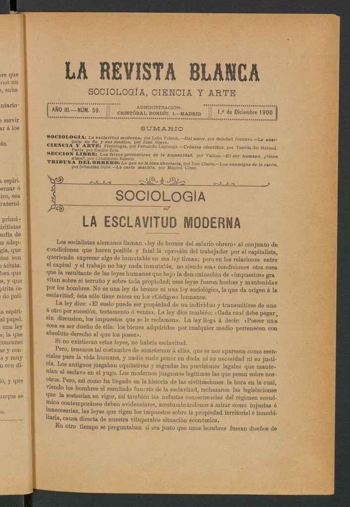Miniatura de La Revista Blanca : publicación quincenal de sociología, ciencias y artes del 1 de diciembre de 1900