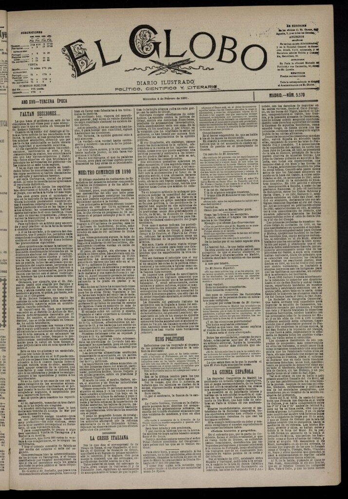 Miniatura de El Globo : diario ilustrado  del 4 de febrero de 1891,nº 5570